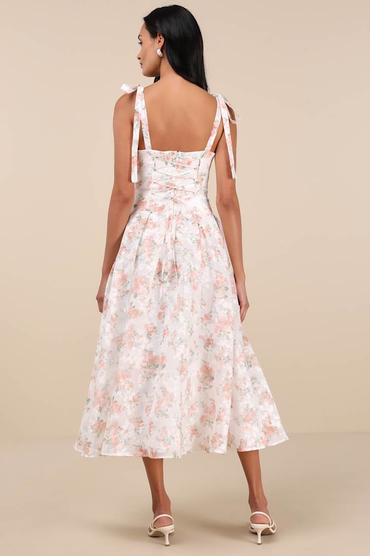 Danah White Floral Bustier Tie-Strap Midi Dress