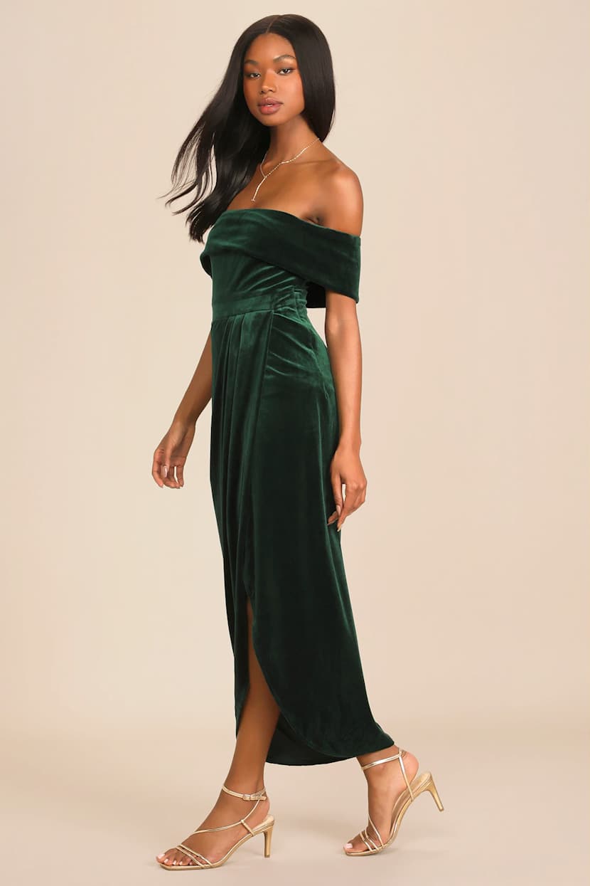 green emerald velvet dress Hunter Green Velvet One Shoulder Long Sleeves Column High Slit Formal Dresses, CP0831 US2 / As Pic main image 1