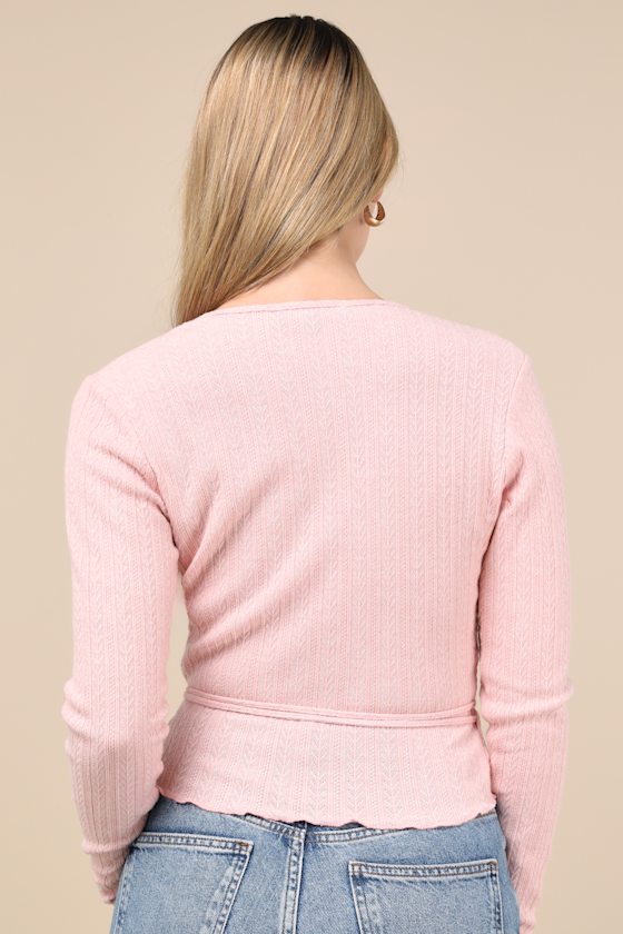LULUS LOVABLE FAVORITE PINK POINTELLE KNIT LONG SLEEVE WRAP TOP