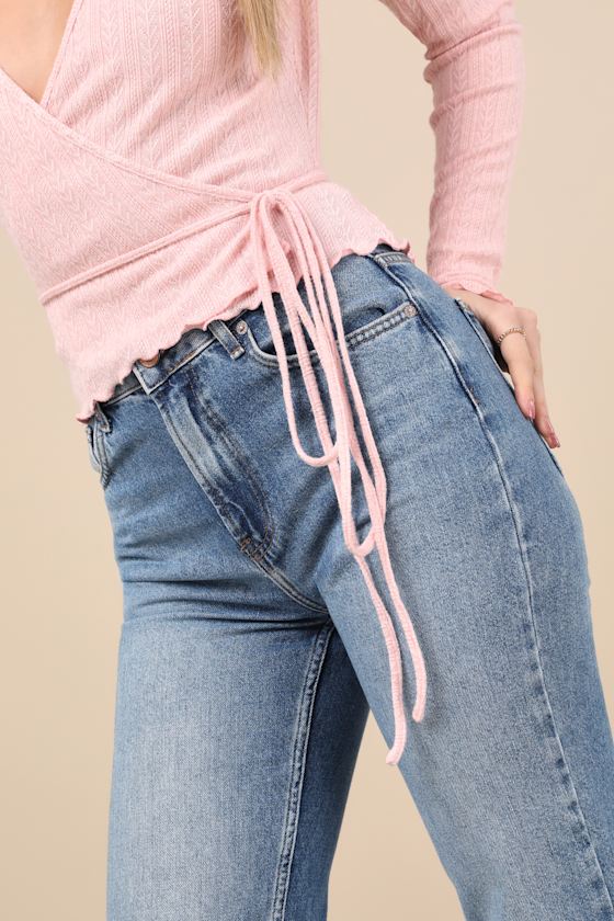 LULUS LOVABLE FAVORITE PINK POINTELLE KNIT LONG SLEEVE WRAP TOP