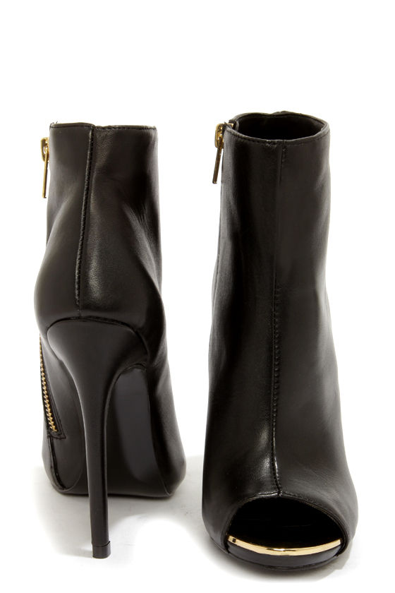 peep toe black leather booties