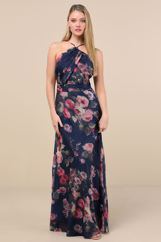 Image of Farris Navy Floral Organza Halter Maxi Dress