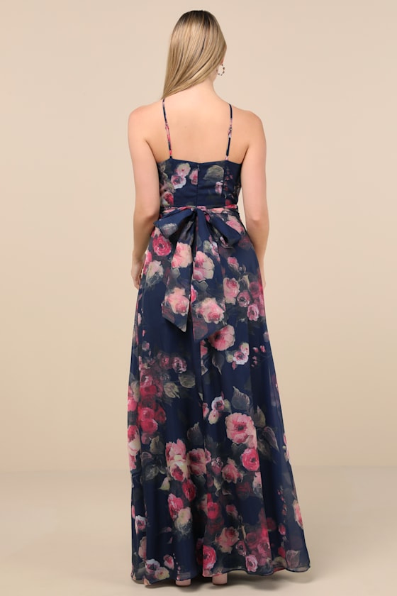 Lulus Farris Navy Floral Organza Halter Maxi Dress In Navy