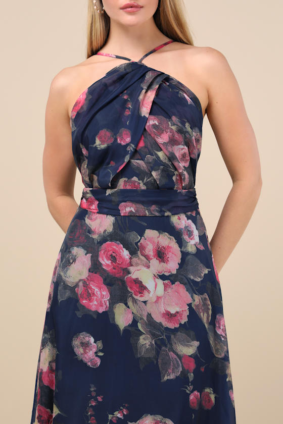 Lulus Farris Navy Floral Organza Halter Maxi Dress In Navy