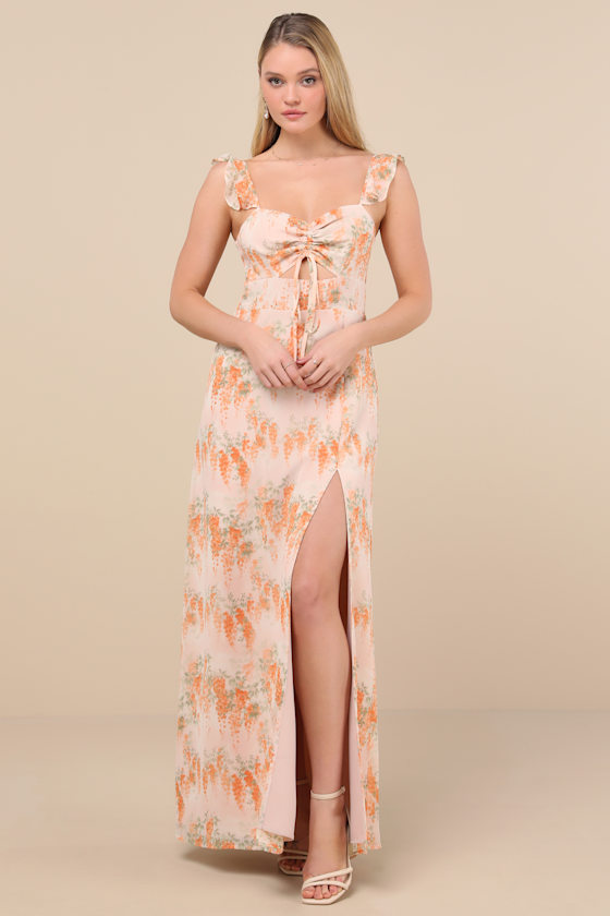Lulus The Way To Love Orange Floral Print Ruffled Maxi Dress In Orange
