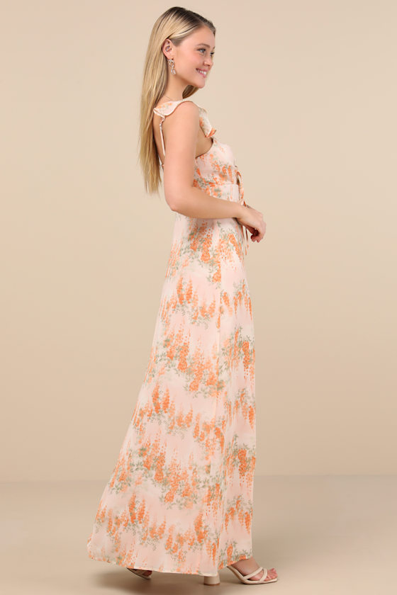 Lulus The Way To Love Orange Floral Print Ruffled Maxi Dress In Orange
