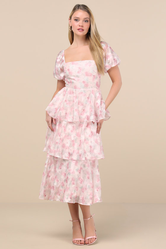 Lulus Serah Blush Floral Organza Tiered Midi Dress In Pink