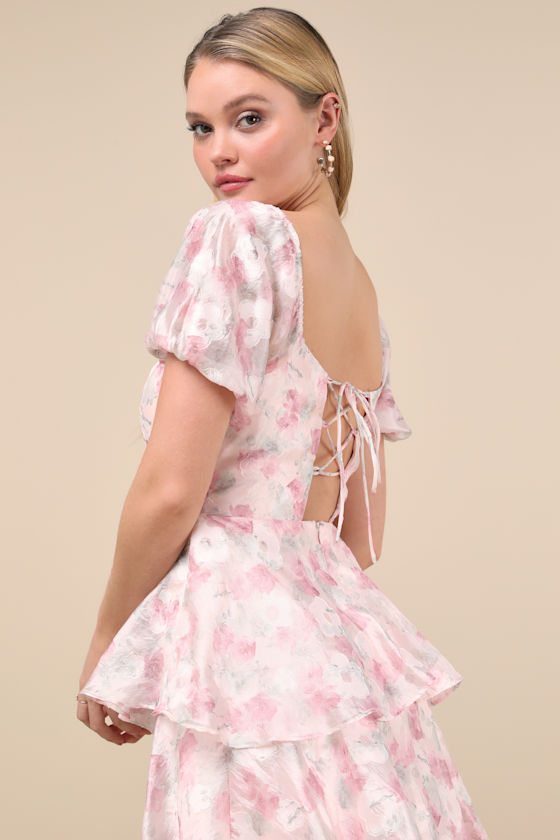 Lulus Serah Blush Floral Organza Tiered Midi Dress In Pink