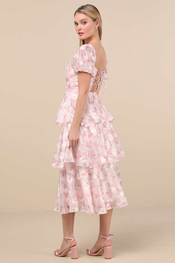 Lulus Serah Blush Floral Organza Tiered Midi Dress In Pink