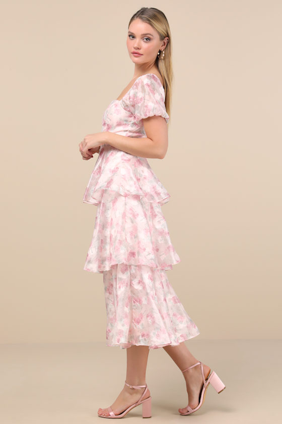 Lulus Serah Blush Floral Organza Tiered Midi Dress In Pink