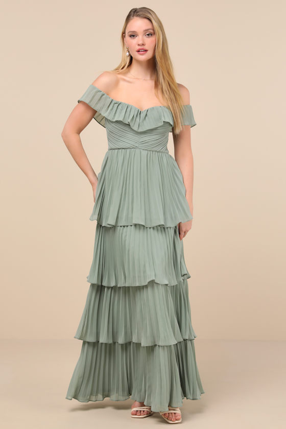 Lulus Always Remarkable Sage Brush Pleated Off-the-shoulder Maxi Dress In Green