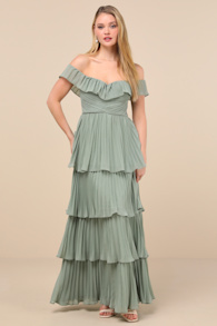 Always Remarkable Sage Brush Pleated Off-the-Shoulder Maxi Dress 1
