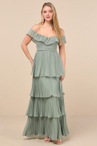 Always Remarkable Sage Brush Pleated Off-the-Shoulder Maxi Dress 1