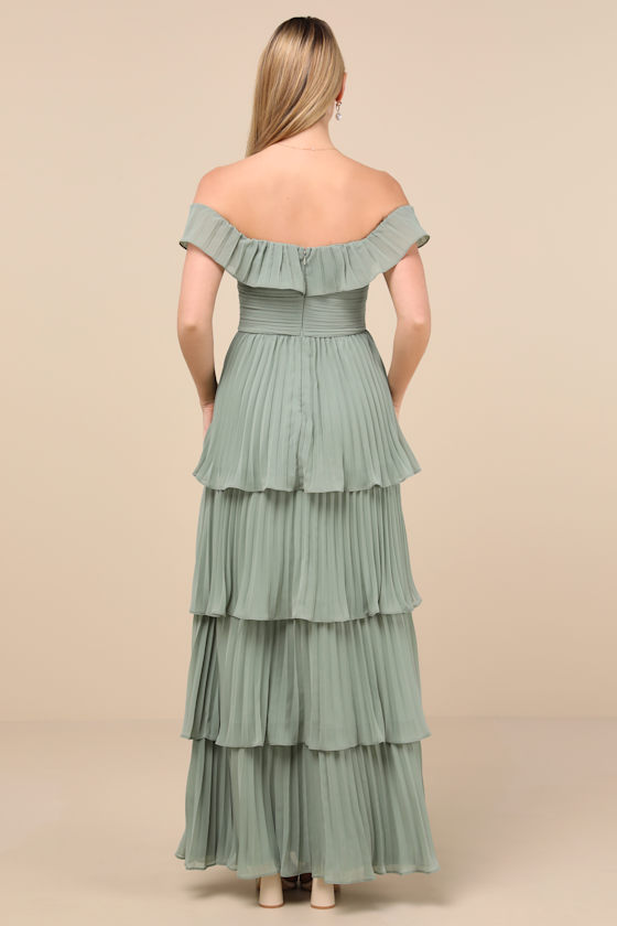 Lulus Always Remarkable Sage Brush Pleated Off-the-shoulder Maxi Dress In Green