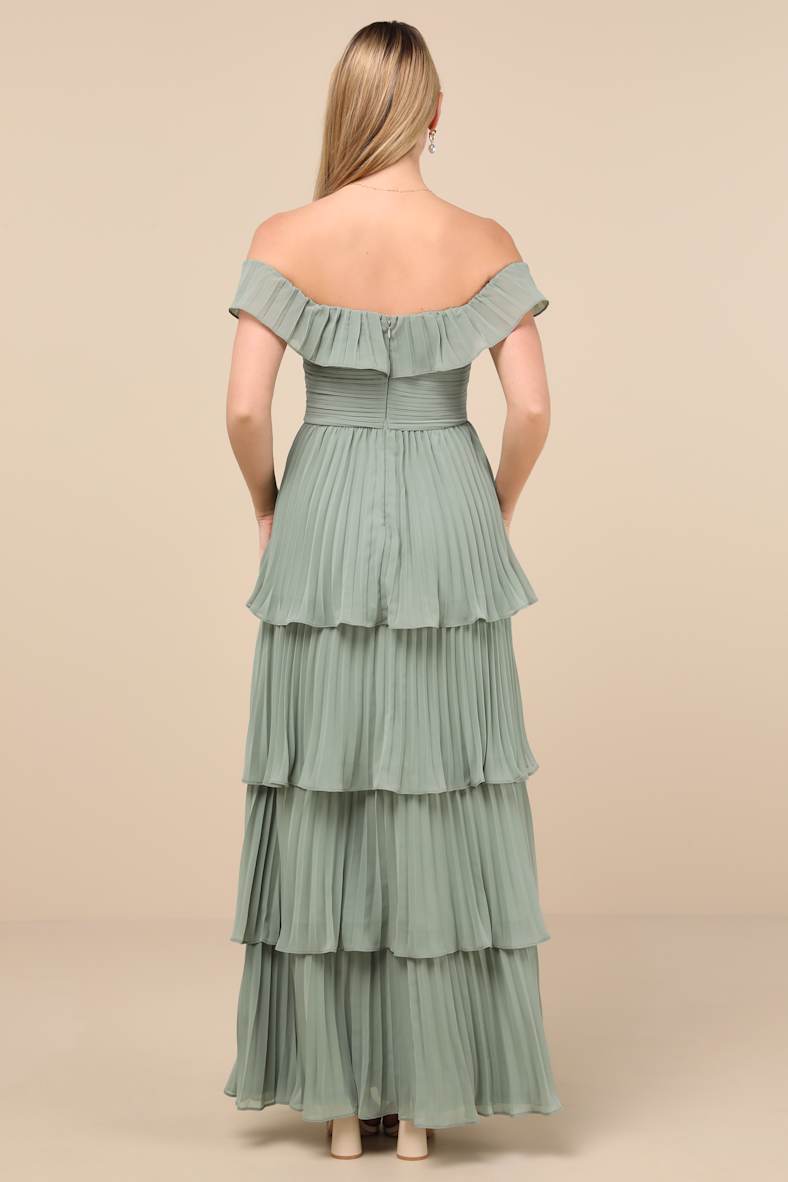 Always Remarkable Sage Brush Pleated Off-the-Shoulder Maxi Dress