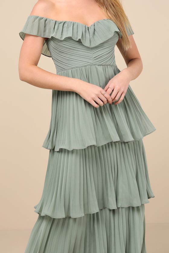 Lulus Always Remarkable Sage Brush Pleated Off-the-shoulder Maxi Dress In Green