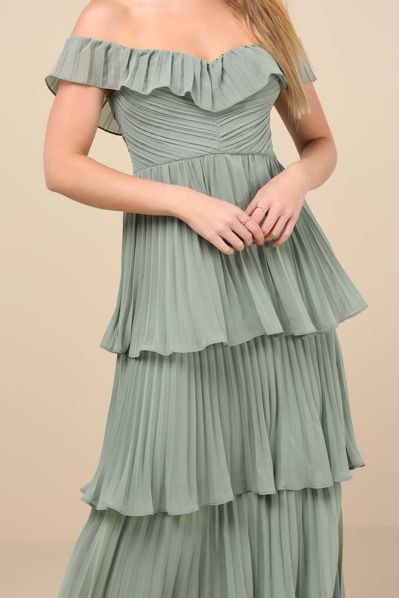Always Remarkable Sage Brush Pleated Off-the-Shoulder Maxi Dress