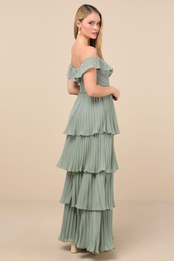 Lulus Always Remarkable Sage Brush Pleated Off-the-shoulder Maxi Dress In Green