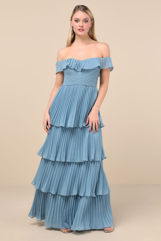 Image of Always Remarkable Slate Blue Pleated Off-the-Shoulder Maxi Dress