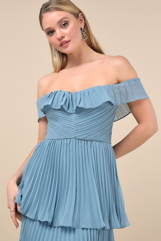 Lulus Always Remarkable Slate Blue Pleated Off-the-shoulder Maxi Dress In Slate Blue