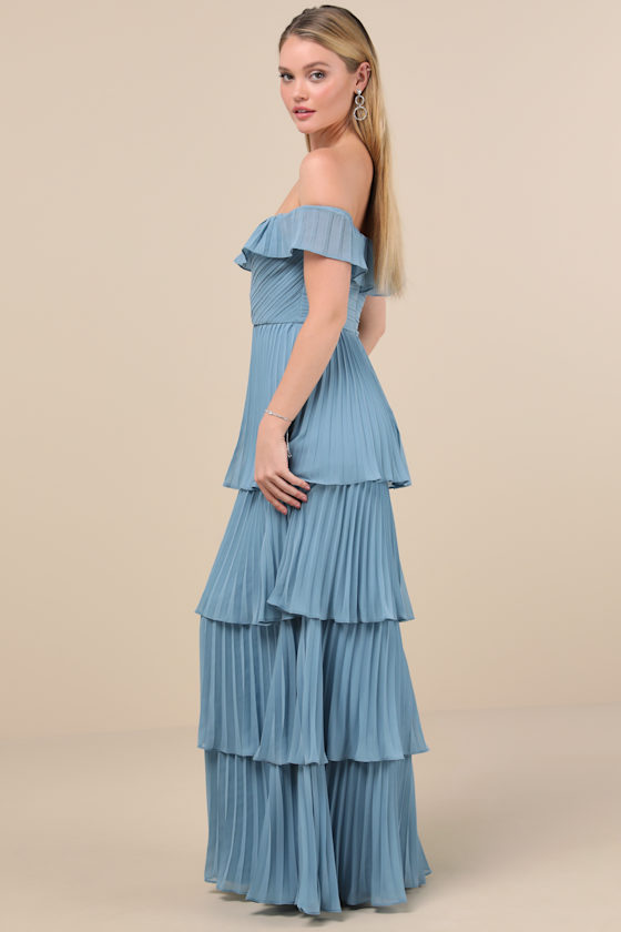 Lulus Always Remarkable Slate Blue Pleated Off-the-shoulder Maxi Dress In Slate Blue
