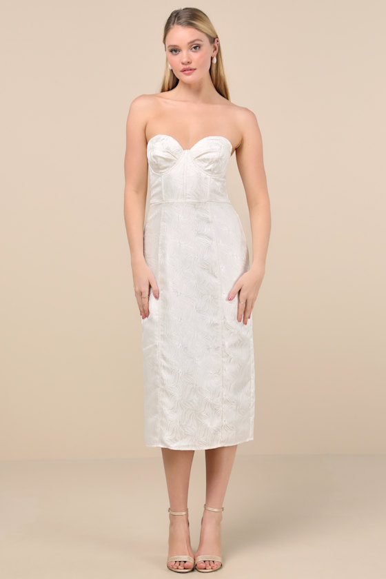 Adena White Jacquard Strapless Bustier Midi Dress