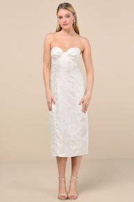 Adena White Jacquard Strapless Bustier Midi Dress