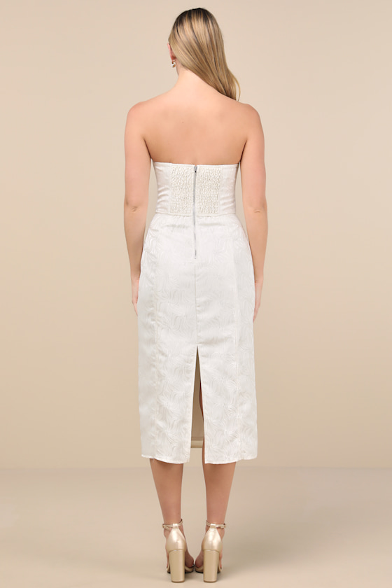 Lulus Adena White Jacquard Strapless Bustier Midi Dress In White