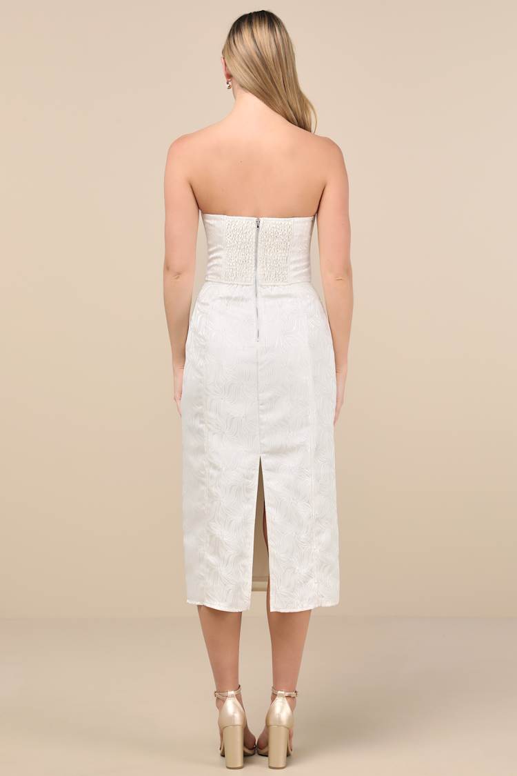 Adena White Jacquard Strapless Bustier Midi Dress