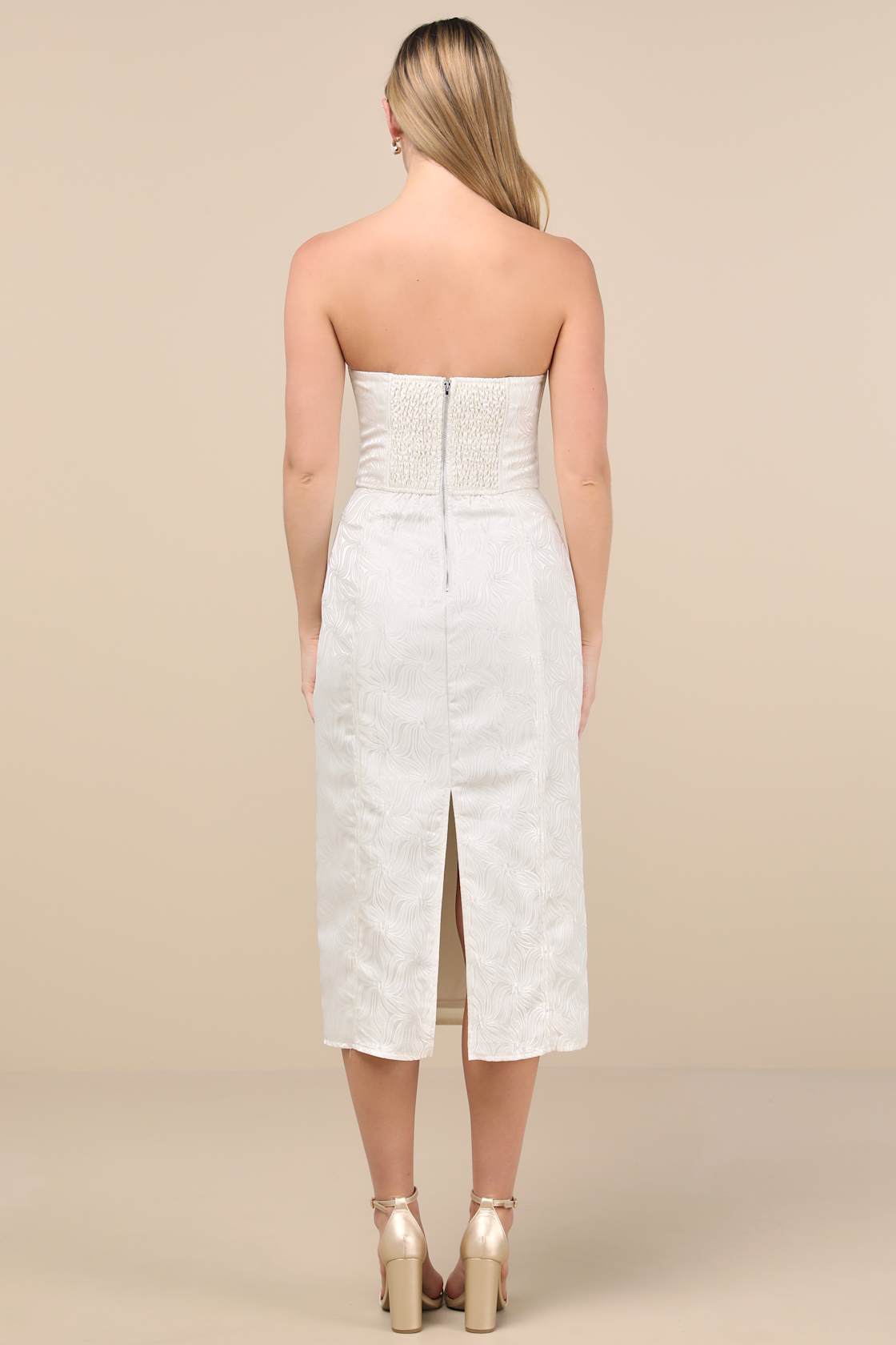 Adena White Jacquard Strapless Bustier Midi Dress