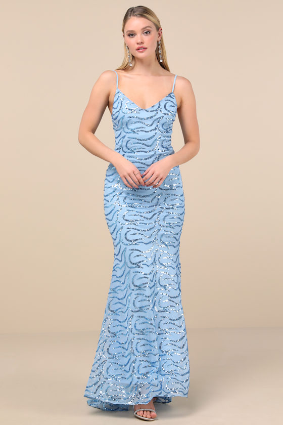 Lulus Mesmerizing Demeanor Blue Sequin Backless Mermaid Maxi Dress In Blue