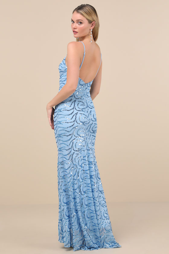 Lulus Mesmerizing Demeanor Blue Sequin Backless Mermaid Maxi Dress In Blue