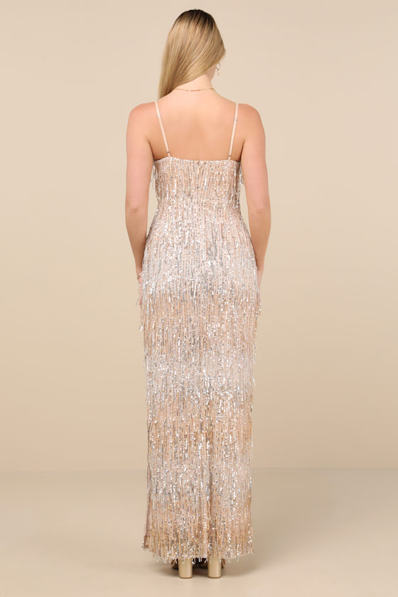 Lulus Sashi Gold Sequin Fringe Maxi Dress In Gold