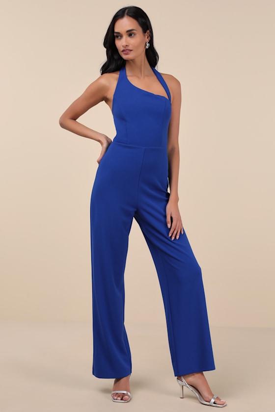 Lulus Flirty Outing Royal Blue Asymmetrical Halter Jumpsuit In Royal Blue