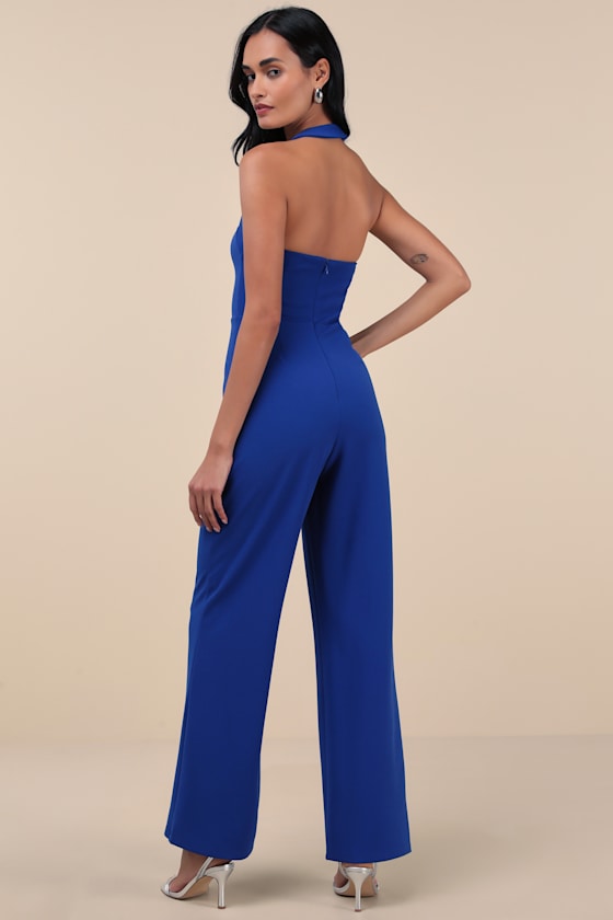 Lulus Flirty Outing Royal Blue Asymmetrical Halter Jumpsuit In Royal Blue