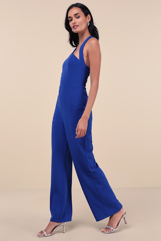 Lulus Flirty Outing Royal Blue Asymmetrical Halter Jumpsuit In Royal Blue