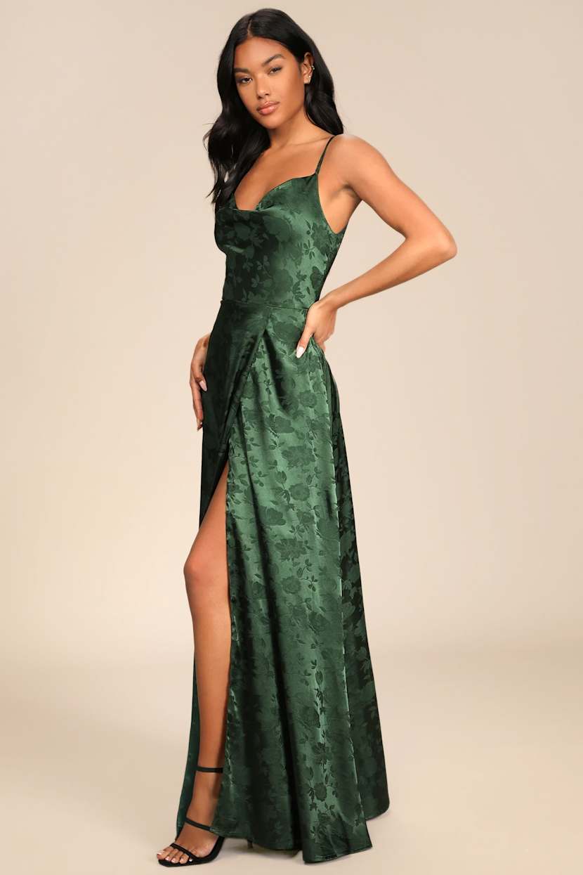 Simply Dreamy Emerald Green Satin Floral Jacquard Maxi Dress