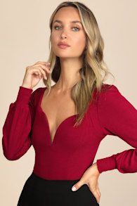 Flirting for Fun Wine Red Ribbed Long Sleeve Bodysuit 1
