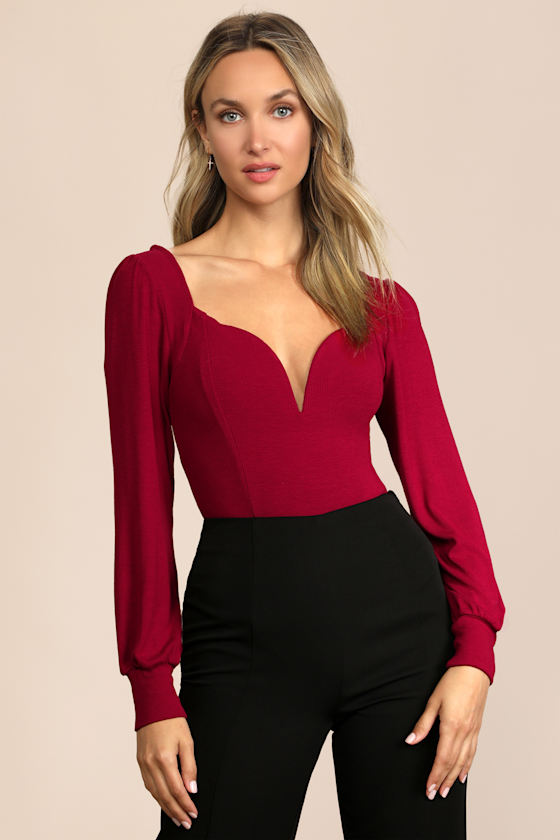 Flirting for Fun Wine Red Ribbed Long Sleeve Bodysuit - thumbnail 2
