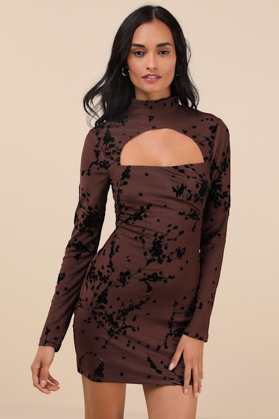 Lulus Posh Expertise Brown Mesh Burnout Velvet Floral Mini Dress In Brown