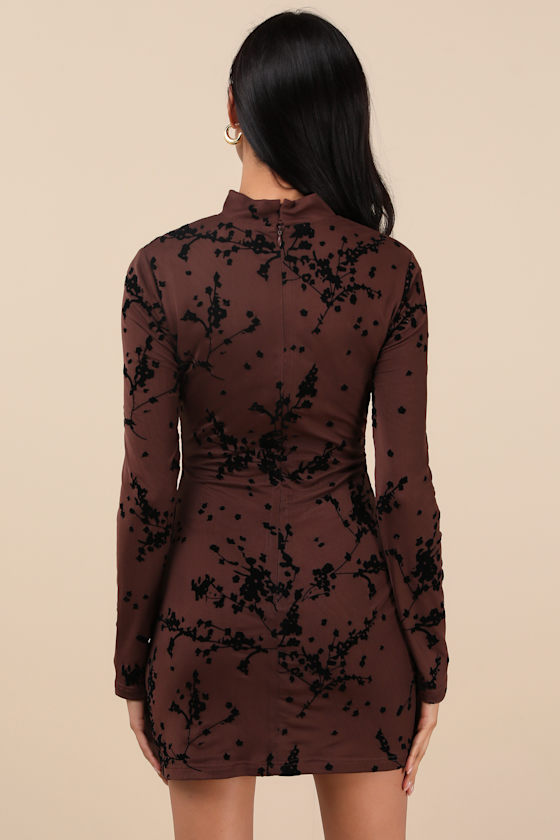 Lulus Posh Expertise Brown Mesh Burnout Velvet Floral Mini Dress In Brown