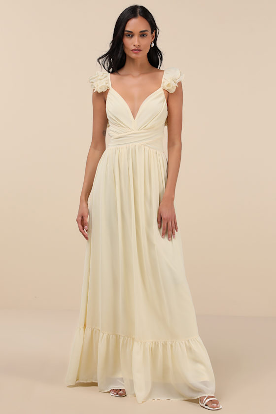 Lulus Soiree Celebration Light Yellow Ruffled Lace-up Maxi Dress In Light Yellow