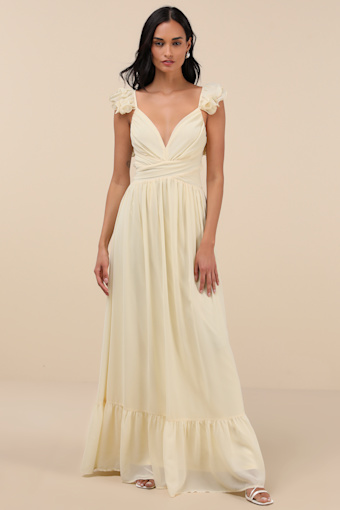 Soiree Celebration Light Yellow Ruffled Lace-Up Maxi Dress 4