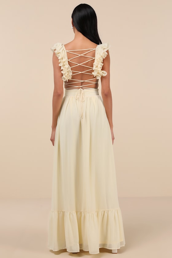 Lulus Soiree Celebration Light Yellow Ruffled Lace-up Maxi Dress In Light Yellow