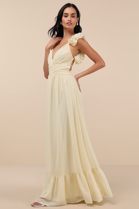Lulus Soiree Celebration Light Yellow Ruffled Lace-up Maxi Dress In Light Yellow