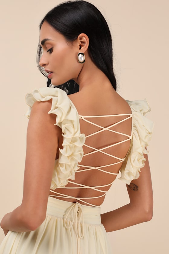 Lulus Soiree Celebration Light Yellow Ruffled Lace-up Maxi Dress In Light Yellow