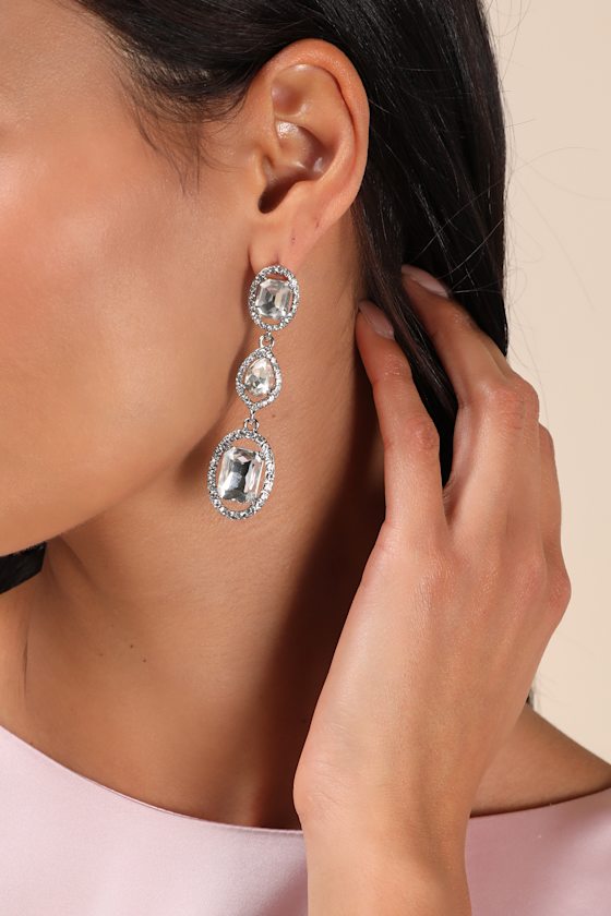 LULUS GLITTERY SENSATION SILVER RHINESTONE DROP EARRINGS