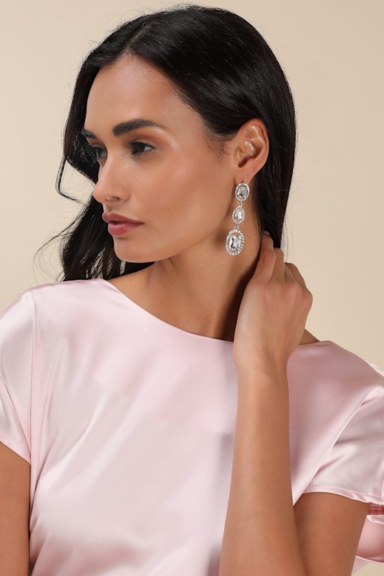 LULUS GLITTERY SENSATION SILVER RHINESTONE DROP EARRINGS
