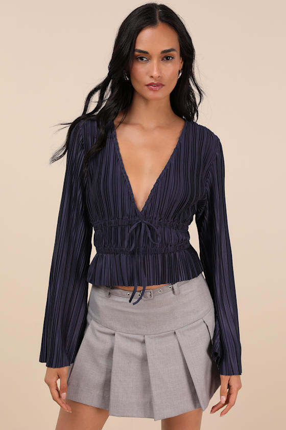Lulus Staying Optimistic Navy Pleated Bell Sleeve Top In Navy