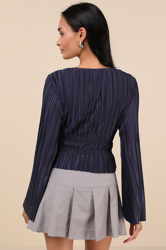 Lulus Staying Optimistic Navy Pleated Bell Sleeve Top In Navy